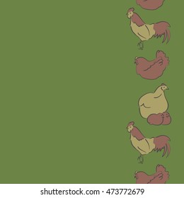 Cute hand drawn sketch. Vector seamless pattern of vertical stylized rooster, hen, cock, chicken with hole and spots on colored background.