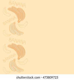 Cute hand drawn sketch. Vector seamless pattern of vertical stylized banana motif with text, hole, spots, doodles on colored background with copy space.