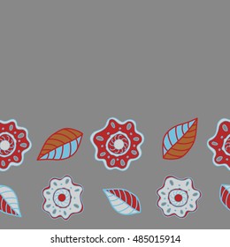 Cute hand drawn sketch. Vector seamless pattern of horizontal stylized floral motif, hole, spots, flowers, doodles on gray background.