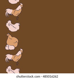 Cute hand drawn sketch. Vector seamless pattern of vertical stylized rooster, hen, cock, chicken with hole and spots on colored background.