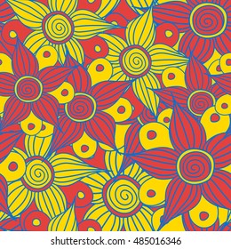 Cute hand drawn sketch. Vector seamless pattern of stylized floral motif, flowers, hole, spots, doodles in red and yellow colors.