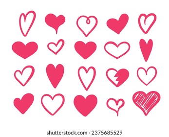 Cute hand drawn sketchy pink hearts collection, isolated vector illustration for Valentines day