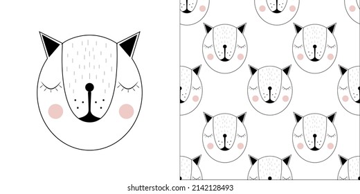 Oso Durmiente Con La Mano Cortada.  Puntos Destacados Rosados. Afiche del vector estilo infantil simple. Agradable Arte De Nursery. Soñador Oso Blanco. El Oso Cuto Esbozado Gris sobre un fondo blanco está en un patrón sin costura
