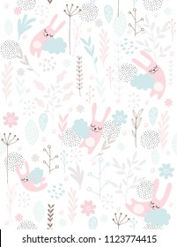 Cute Hand Drawn Sleeping Little Bunnies, Vector Pattern. Pink Rabbits Sleeping on the Blue Clouds. Pink, Grey and Blue Flowers, Twigs and Leaves. White Background. Delicate Pastel Colors. 