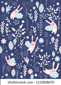 Cute Hand Drawn Sleeping Little Bunnies Vector Pattern. Pink Rabbits Sleeping on the Blue Clouds. Pink, Grey and Blue Flowers, Twigs and Leaves. Dark Blue Background. Lovely Nursery Art.
