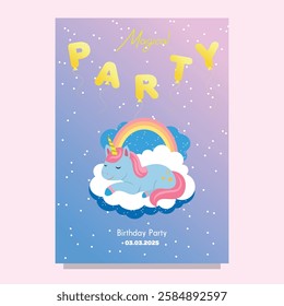 Cute Hand drawn sleeping unicorn scene card template for birthday party with rainbow clouds and night