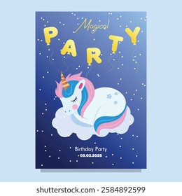 Cute Hand drawn sleeping unicorn scene card template for birthday party with rainbow clouds and night