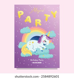 Cute Hand drawn sleeping unicorn scene card template for birthday party with rainbow clouds and night