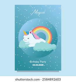 Cute Hand drawn sleeping unicorn scene card template for birthday party with rainbow clouds and night