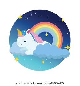 Cute Hand drawn sleeping unicorn scene with rainbow clouds and night