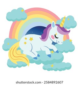 Cute Hand drawn sleeping unicorn scene with rainbow clouds and night