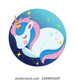 Cute Hand drawn sleeping unicorn scene with rainbow clouds and night