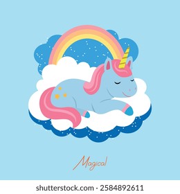 Cute Hand drawn sleeping unicorn scene with rainbow clouds and night