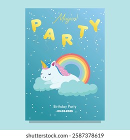 Cute Hand drawn sleeping unicorn scene card template for birthday party with rainbow clouds and night