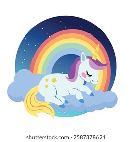 Cute Hand drawn sleeping unicorn scene with rainbow clouds and night