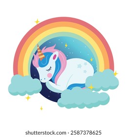 Cute Hand drawn sleeping unicorn scene with rainbow clouds and night