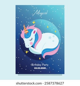 Cute Hand drawn sleeping unicorn scene card template for birthday party with rainbow clouds and night