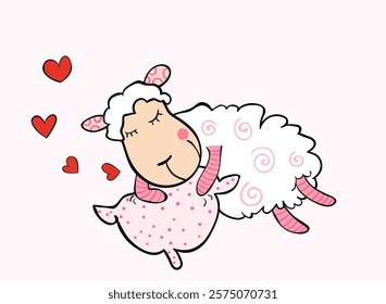 Cute hand drawn sleeping vector sheep and pillow with hearts, Doodle farm animal with hearts