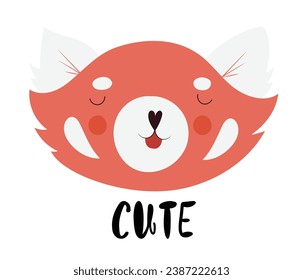 Cute hand drawn sleepy baby red panda face, showing little tongue, with lettering, isolated vector illustration