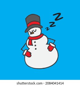A Cute Hand Drawn Sleepy Snowman - Amazing cute minimalist vector sleeping snowman character suitable for apps, sticker, children book, decoration, animation, christmas, design assets and illustration