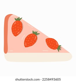 Cute hand drawn slice of strawberry cheesecake in trendy naive style. Popular dessert with seasonal berry. Delicate sweet food for breakfast. Vector clipart illustration isolated. Cafe menu.