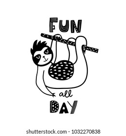 Cute hand drawn sloth in black and white style. Cartoon vector illustration in scandinavian style