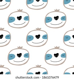 Cute hand drawn sloth character. Cartoon sloth vector seamless pattern for baby