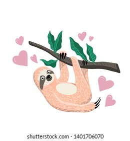 Cute hand drawn sloth hanging on the tree branch. Lazy animal character with hearts isolated on white background. Cartoon flat style. Vector illustration for poster cards and apparel