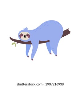 Cute hand drawn sloth hanging on the tree. Lazy animal character. Jungle animal hanging on a branch. Design for t shirt print, greeting card, poster. Hand drawn vector illustration.