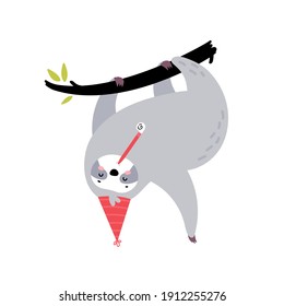 Cute hand drawn sloth hanging on the tree. Lazy animal character in a festive birthday cap. Design for t shirt print, greeting card, poster. Hand drawn vector illustration.