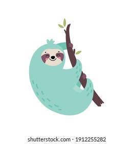 Cute hand drawn sloth hanging on the tree. Lazy animal character. Jungle animal. Design for t shirt print, greeting card, poster. Hand drawn vector illustration.