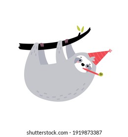 Cute hand drawn sloth hanging on the tree. Lazy animal character in a festive birthday cap. Design for t shirt print, greeting card, poster. Hand drawn vector illustration.