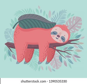 Cute hand drawn sloth sleeping in the jungle. Lazy animal character. Vector illustration.