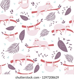Cute hand drawn sloths, funny vector Cute hand drawn sloths illustrations, seamless pattern
