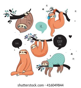 Cute hand drawn sloths, funny vector illustrations