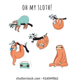 Cute hand drawn sloths, funny vector illustrations