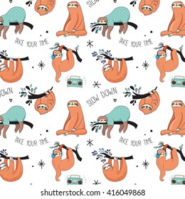 Cute hand drawn sloths, funny vector Cute hand drawn sloths illustrations, seamless pattern