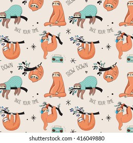 Cute hand drawn sloths, funny vector Cute hand drawn sloths illustrations, seamless pattern