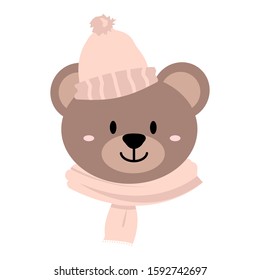 Cute hand drawn smiling bear in winter hat and scarf. Cartoon zoo. Vector illustration. Animal for the design of children's products in scandinavian style.