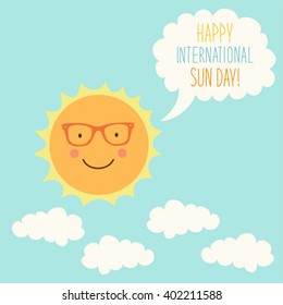 Cute hand drawn smiling cartoon character of Sun with speech bubble can be used as card  for International Sun Day