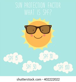 Cute hand drawn smiling cartoon character of Sun can be used for infographics about SPF (Sun Protection Factor)