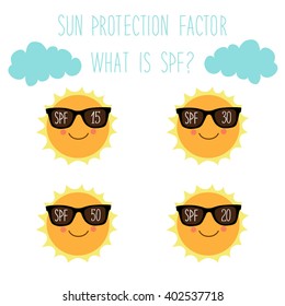 Cute hand drawn smiling cartoon characters of sun with sunglasses as sun protection factor(SPF) symbols