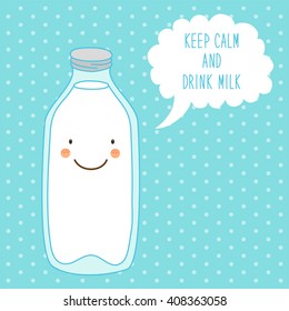 Cute hand drawn smiling cartoon character of milk bottle with speech bubble and hand written text