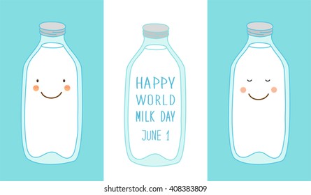 Cute hand drawn smiling cartoon characters of milk bottle with hand written text