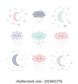 Cute hand drawn smiling clouds and moon with stars. Funny weather theme. Vector illustration