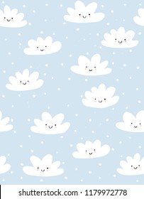 Cute Hand Drawn Smiling Clouds Vector Pattern. White Fluffy Clouds on a Blue Snowy Sky. Simple Infantile Design. Pastel Colors Cloudy Sky. Lovely Abstract Kawaii Fluffy Clouds. Lovely Nursery Art.