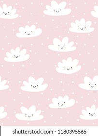 Cute Hand Drawn Smiling Clouds Vector Pattern. White Fluffy Clouds on a Light Pink Snowy Sky. Simple Infantile Design. Pastel Colors. Lovely Abstract Kawaii Sky with Fluffy Clouds. Lovely Nursery Art.