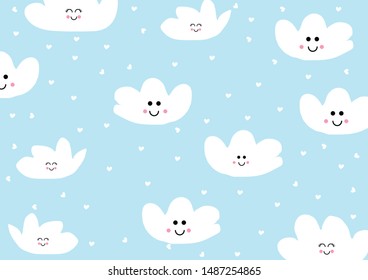 Cute hand drawn smiling clouds with mini heart.Pastel colors cloudy sky.