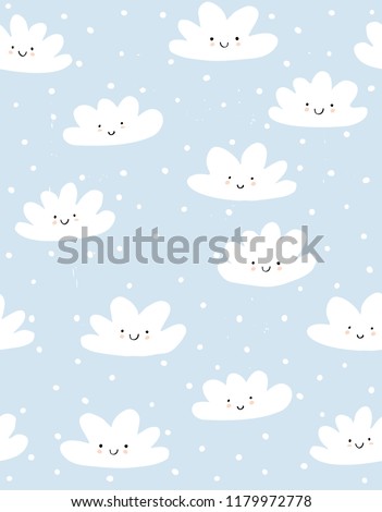 Cute Hand Drawn Smiling Clouds Vector Pattern. White Fluffy Clouds on a Blue Snowy Sky. Simple Infantile Design. Pastel Colors Cloudy Sky. Lovely Abstract Kawaii Fluffy Clouds. Lovely Nursery Art.