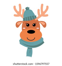 Cute hand drawn smiling deer in winter hat and scarf. Cartoon zoo. Vector illustration. Animal for the design of children's products in scandinavian style.